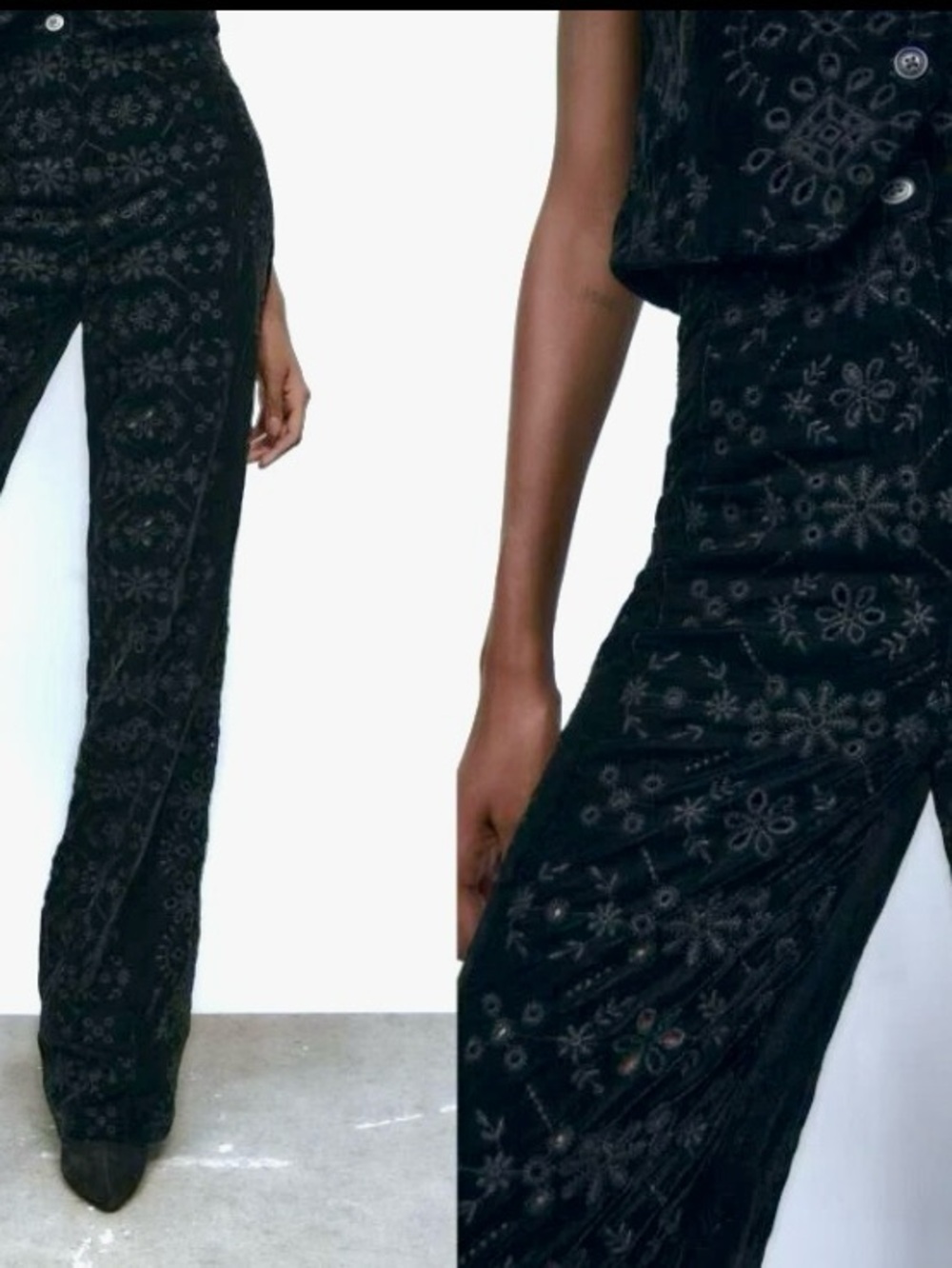 Zara women’s black velvet embroidered boho flare leg trousers Size Small